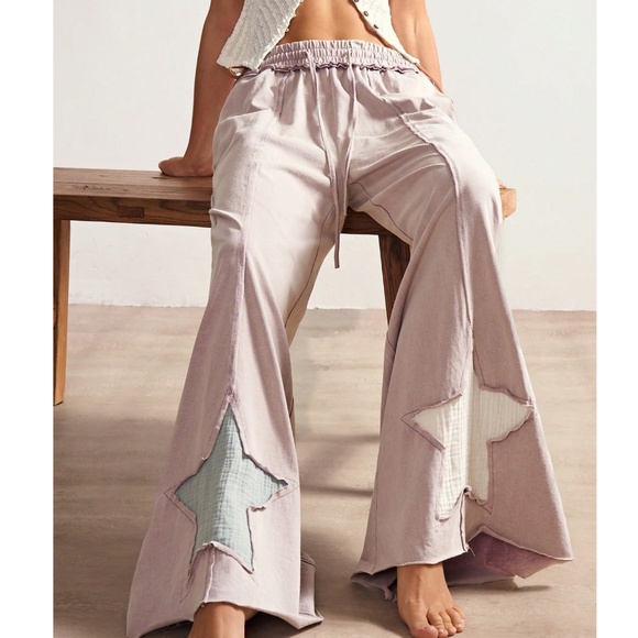 Boho Cotton Star Patch Stretchy Waist Wide leg Lounge Pants - Picture 3 of 7